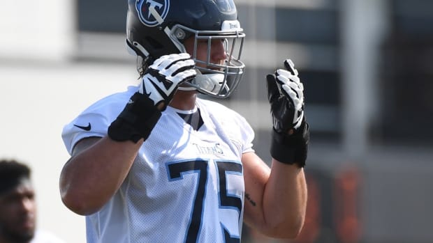 Tennessee Titans offensive tackle Dillon Radunz (75) before individual drills during training camp at Saint Thomas Sports Park.